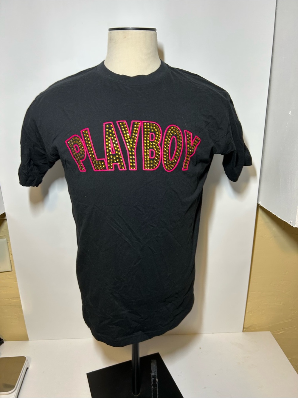 Playboy Black Graphic Tee with Pink & Gold Lettering rhinestone